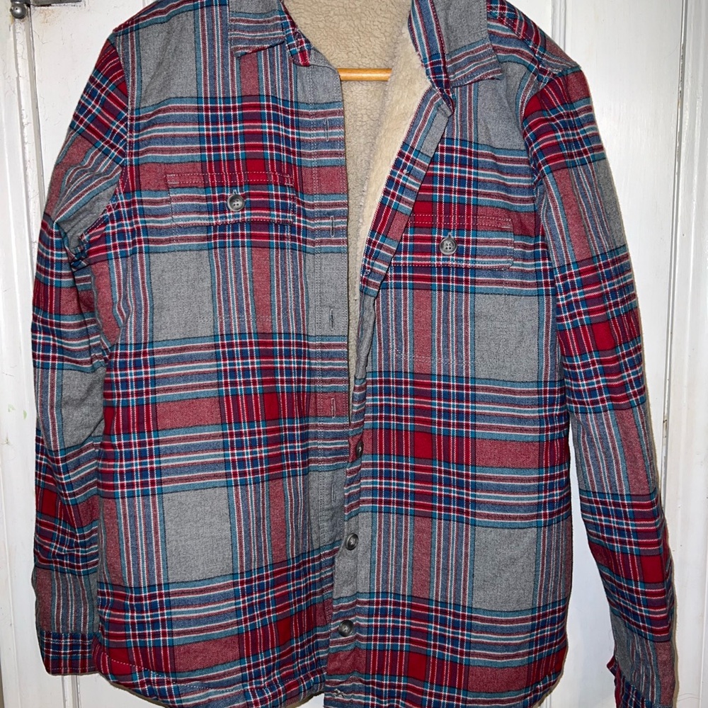 Red and Gray Plaid Flannel Jacket